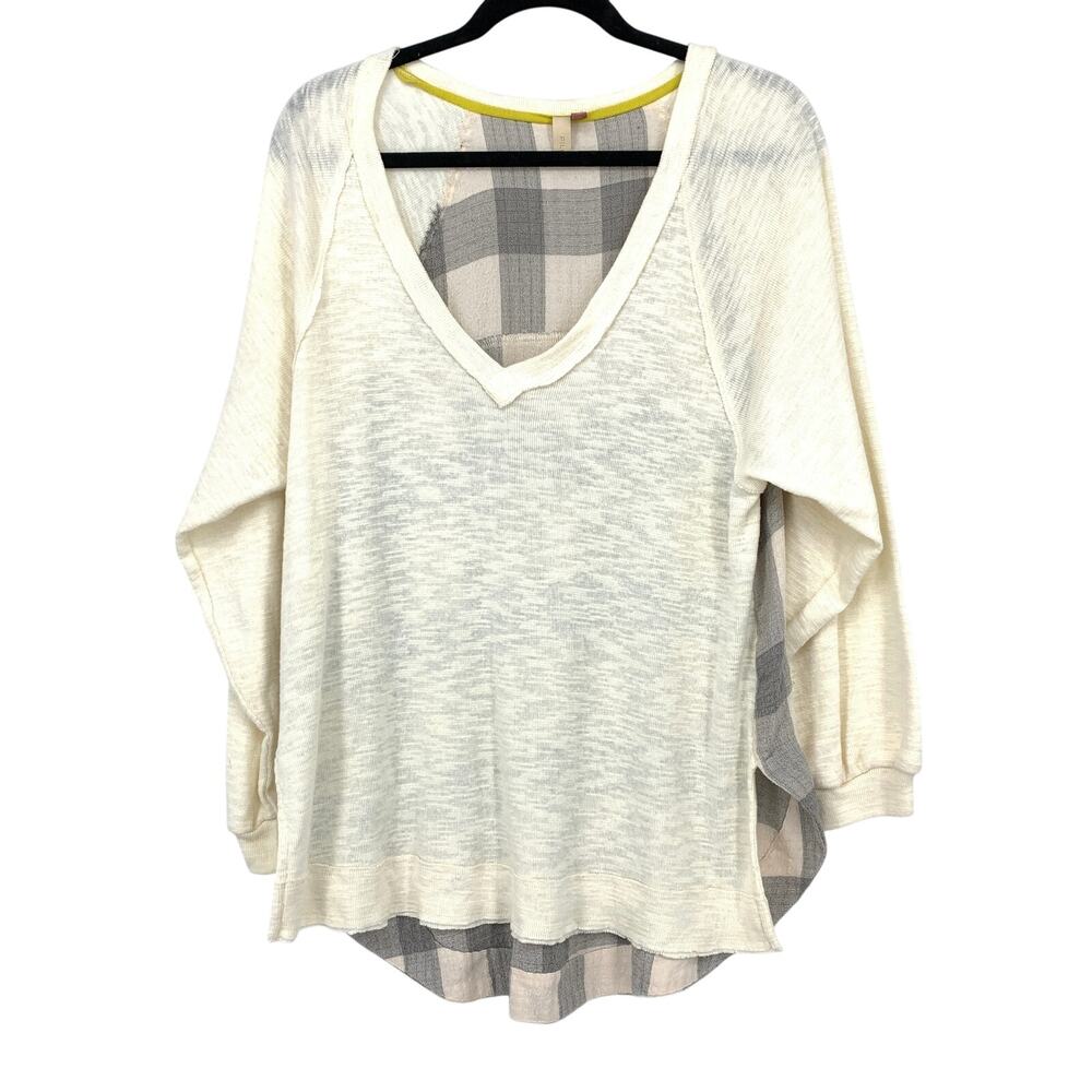 Anthropologie Pilcro V-Neck Slub Knit Long Sleeve Top Sz M Gray Cream Plaid Back